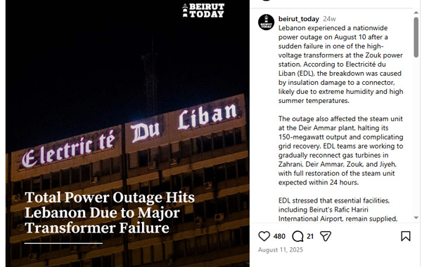 nationwide power outage in Lebanon